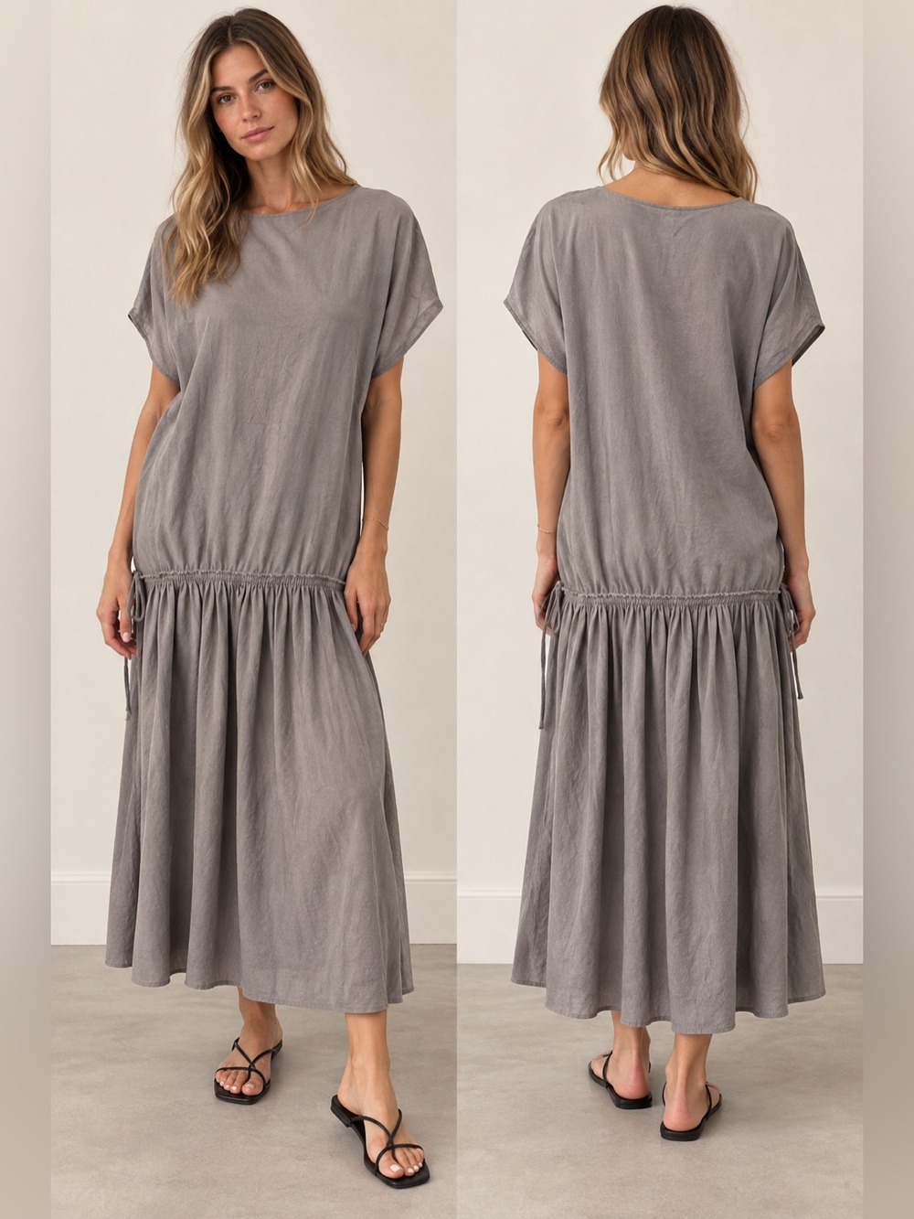 Zara linen blend Relaxed Midi Dress in Gray